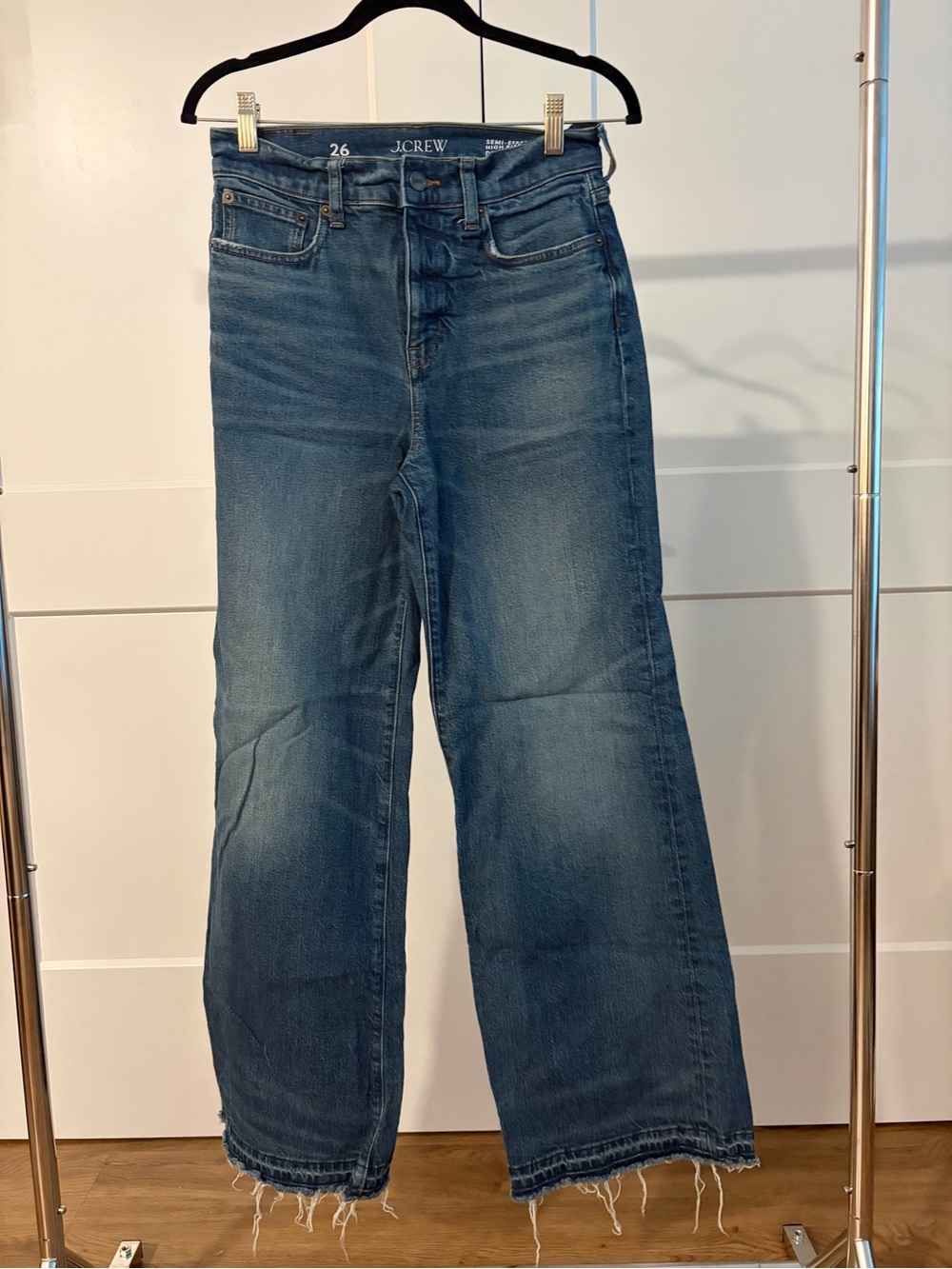 J. Crew High Rise Wide-Leg Denim Jeans in Medium Blue.  Distressed Hem